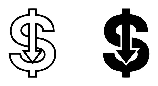 Dollar Sign Icons, Downward Arrow Symbols, Financial Decrease, Money Loss, Economic Downturn, Vector Graphics