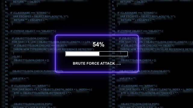 Cybersecurity brute force attack simulation with progress bar loading on digital source code background, representing hacking attempt, data breach, network vulnerability, and advanced system intrusion