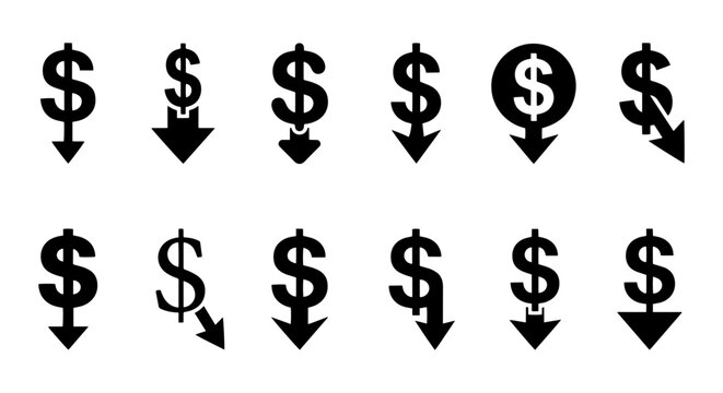 Dollar Sign Down Arrows: Financial Decrease Icons, Economic Fall Symbols, Currency Drop Graphics