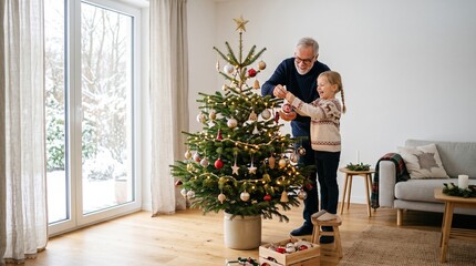 Fototapeta premium Loving Grandfather and Cute Granddaughter Hanging Baubles on Christmas Tree