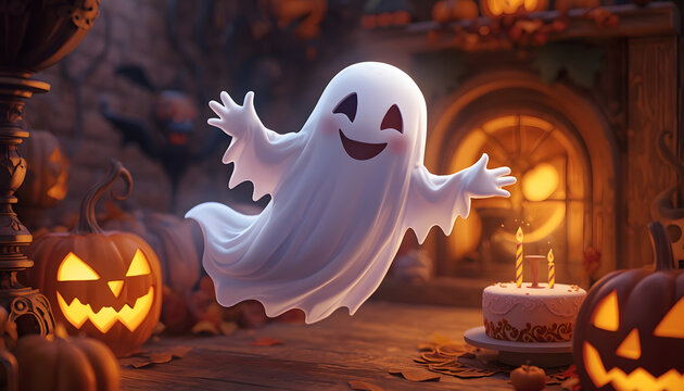 A cheerful ghost character with a friendly expression, floating in a warmly lit Halloween-themed room filled with carved pumpkins and a decorated cake, created with generative ai