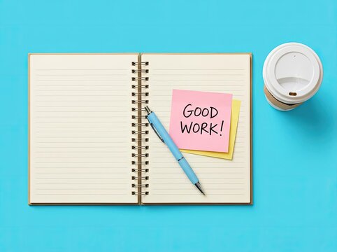 Open notebook with Good Work note and coffee on blue desk perfect for workplace feedback content symbolizing appreciation and achievement
