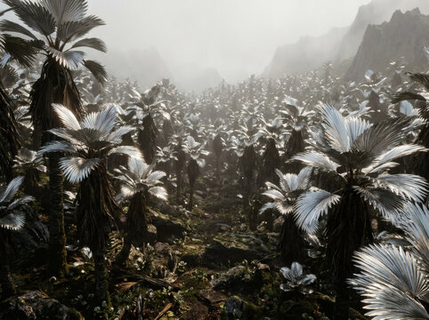 Alien Forest with Giant Reflective Fan Plants in Dense Fog