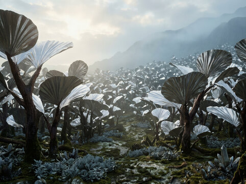 Vast Alien Forest of Reflective Fan Plants Under Diffused Sunlight