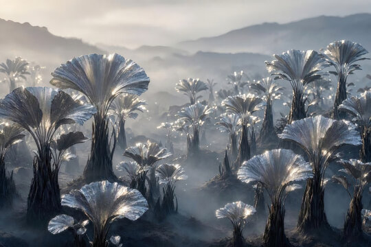 Shimmering Silver Landscape of an Alien Forest
