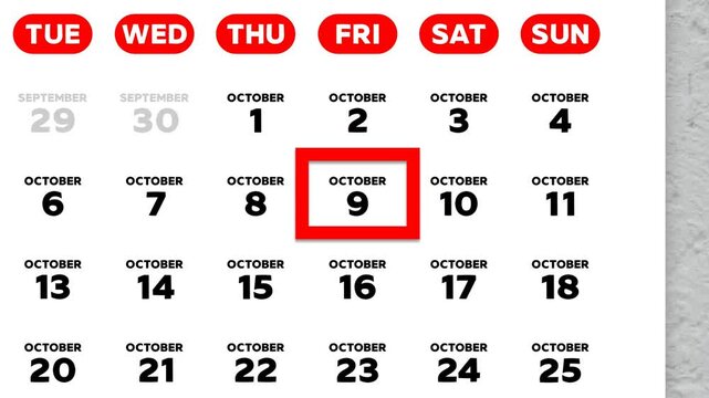 Red cursor highlighting October 9th on a 2026 wall calendar page. European calendar style, Monday start week layout