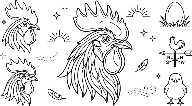 Rooster head and poultry farm farming outline vector set featuring chicken cockerel chick egg and weather vane