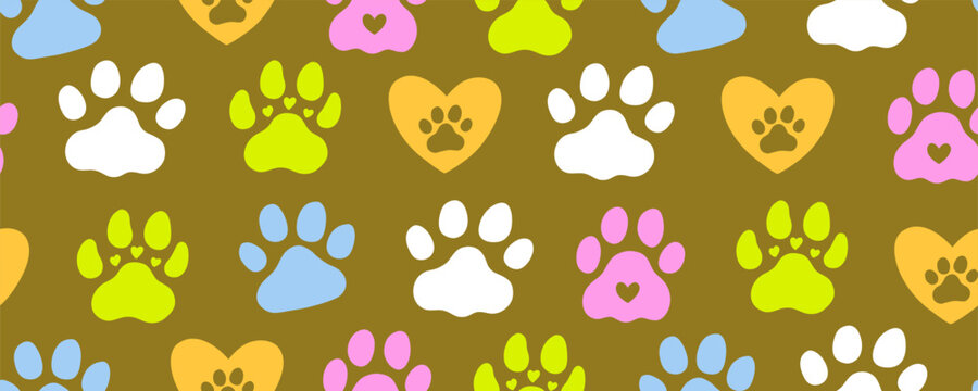 Cute Paw Dog Cat Seamless Pattern. Dog Pet Footprint Background. Puppy Paw Hand Wallpaper. Vector Animal Bg