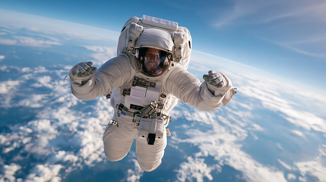 astronaut weightless in stratosphere near horizon showing scientific research and space program with natural light and copy space in a bright clean composition