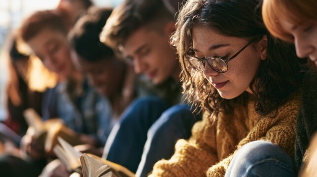 Diverse young adult group focused on reading book together in cozy indoor setting during leisure time