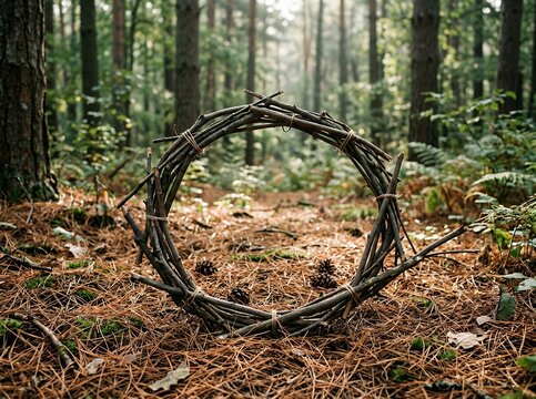 Rustic Woven Twig Circle Placed on Forest Floor.