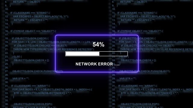 Dynamic digital loading bar interface with network error notification overlaying scrolling computer programming source code background, for software development, cyber security, and, technical system