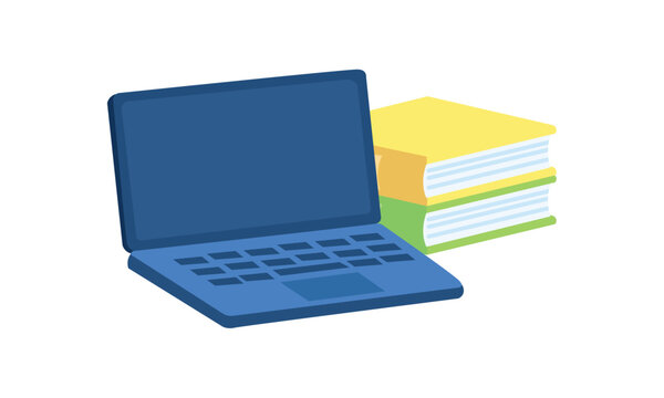 A blue laptop and stack of colorful books for education concept on white background