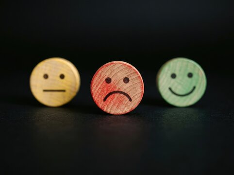 Three wooden emoticon blocks showing sad neutral and happy faces suitable for customer feedback design symbolizing emotion evaluation