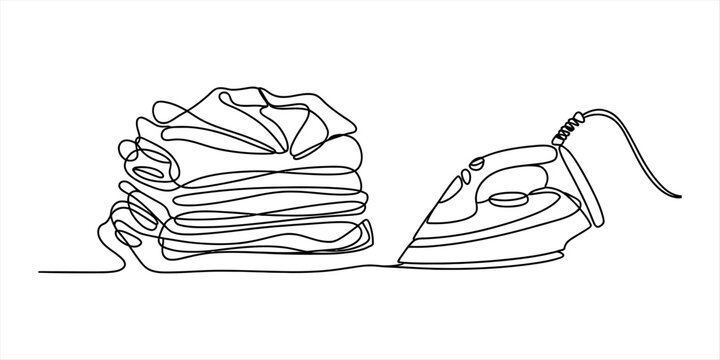Continuous single line drawing of an iron and a stack of folded clean clothes for laundry and housework concept