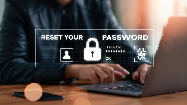 Security concept with person using laptop for password reset and digital data access protection