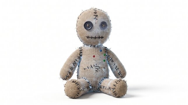 Classic voodoo doll made of fabric with button eyes and a red pin a symbolic representation of curses and dark magic isolated on a white background