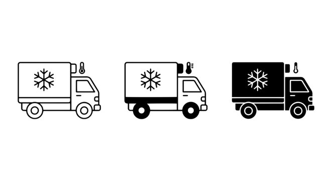 Refrigerated Truck Icons, Cold Chain Logistics Transport Vector Set, Frozen Delivery Vehicle Graphics