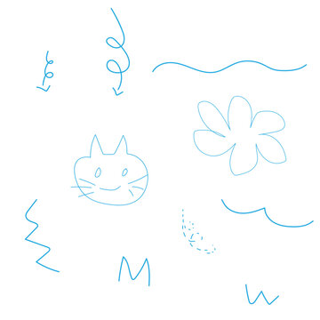 Blue line drawing depicts a cat face alongside floral and wave like shapes on a white background