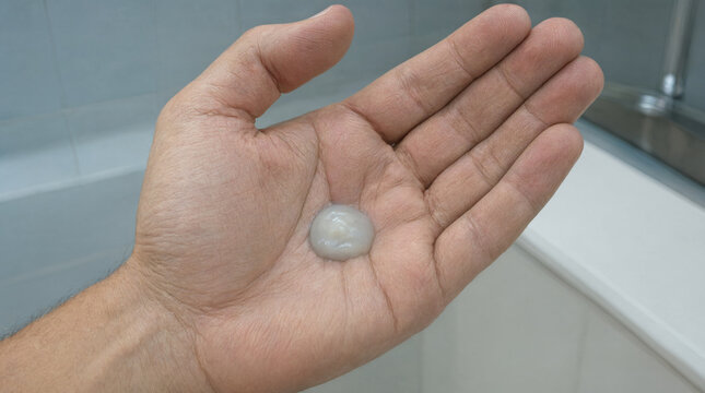 Close up of a man's hand holding a sample of semen or white bodily fluid in a bathroom setting, concept of male reproductive health, fertility checking, and hygiene