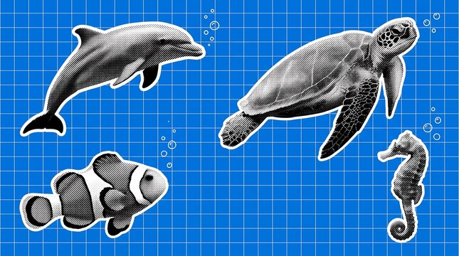 World Oceans Day marine life illustrations of dolphin turtle clownfish seahorse