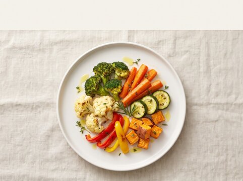 Roasted vegetables sit on a white plate. Bright carrots, zucchini, and peppers add color. Cauliflower and broccoli add texture and health. Fresh herbs garnish the dish, enhancing aroma