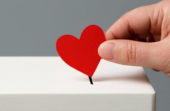 Heart and love symbol placed by a hand into a donation box for charity support and kindness care