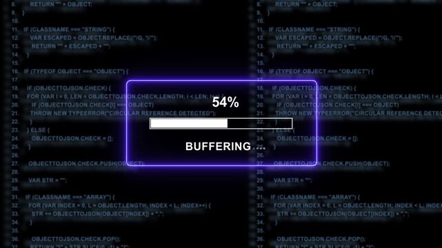 Dynamic digital loading progress bar animation with glowing neon ui overlaid on abstract scrolling software source code background, for modern tech, interfaces, web development, and data processing