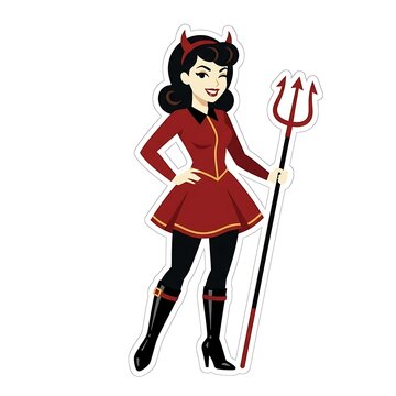 Pinup devil woman with horns holding a trident and wearing a cape
