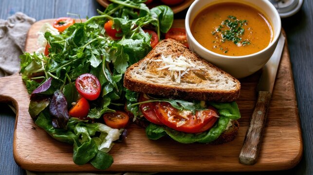 Fresh healthy vegetable sandwich with tomato and lettuce on whole grain bread served with leafy green salad and bowl of creamy soup on wooden board
