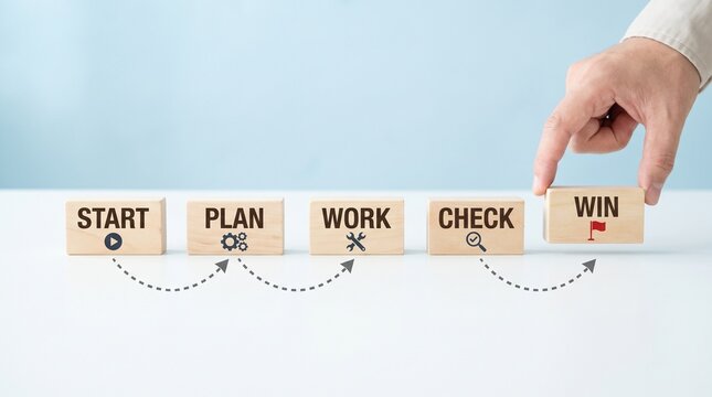 Wooden blocks with Plan, Work, and Check words and process icons, PDCA cycle and project management concept