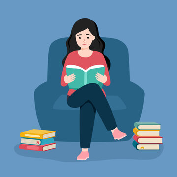 Woman sitting on armchair reading book in flat design.
