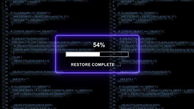 Dynamic digital data restoration progress bar overlay with scrolling javascript source code background, representing cyber security, system recovery, software development, and advanced computing
