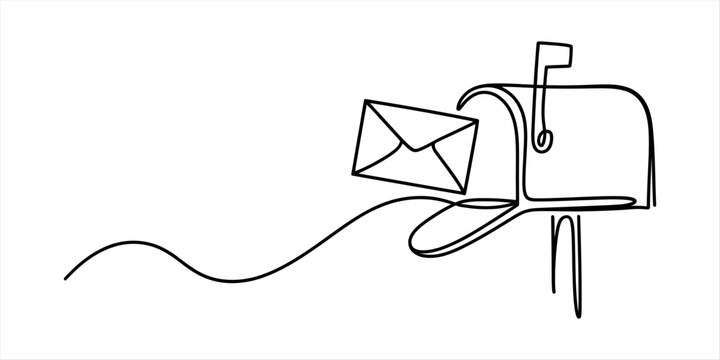 Continuous one line drawing of a mailbox with a letter envelope being delivered for post and communication concept