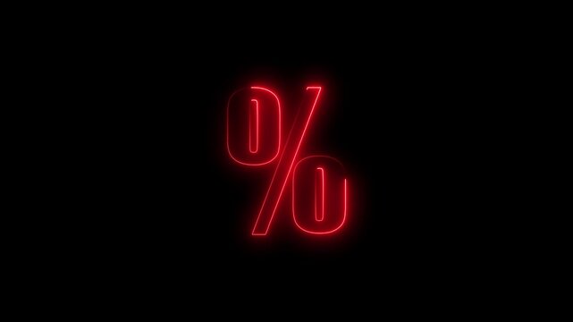 Glowing red neon percentage symbol sign pulsing on black background, for sales and, marketing promotions