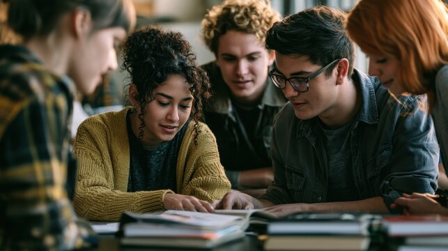Group of diverse young adults studying together indoors engaged in collaborative learning and sharing ideas with notebooks and books