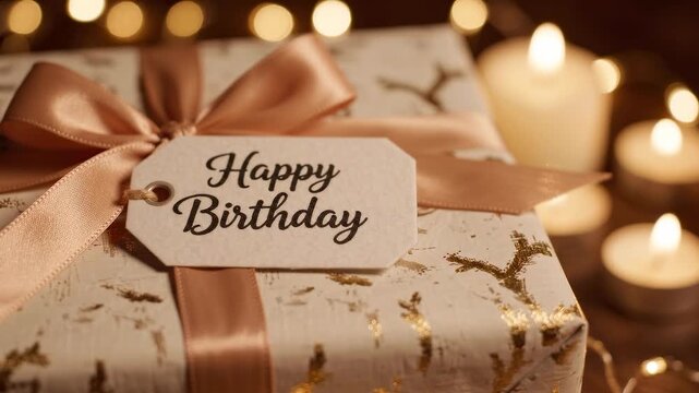 Beautifully wrapped birthday gift box with a happy birthday tag and elegant ribbon resting under warm candlelight