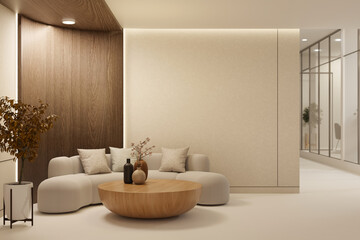modern curved beige sofa wood panel round table plant lounge interior © bongkarn