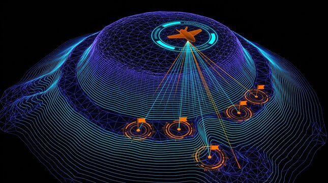 Bathymetric deep sea sonar survey interface displaying flat topped submerged guyot seamount plateau wireframe elevation mesh with underwater drone telemetry target acquisition tracking hud