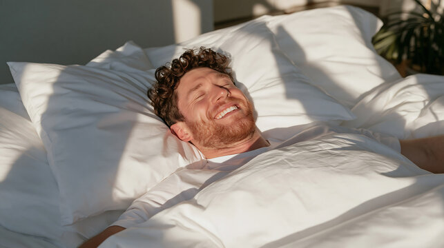 smiling senior man with gray beard resting in bed with hands behind head on white pillows in bright bedroom showing relaxed retirement lifestyle and comfortable morning