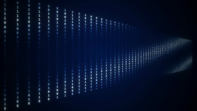 Digital binary code flowing in a tunnel perspective with a blue glow