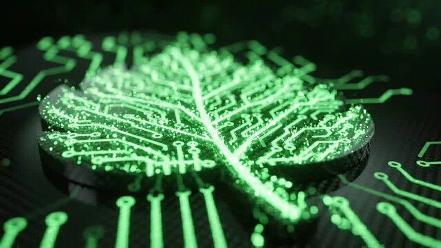 Digital brain icon with glowing green data particles flowing over a circuit board background