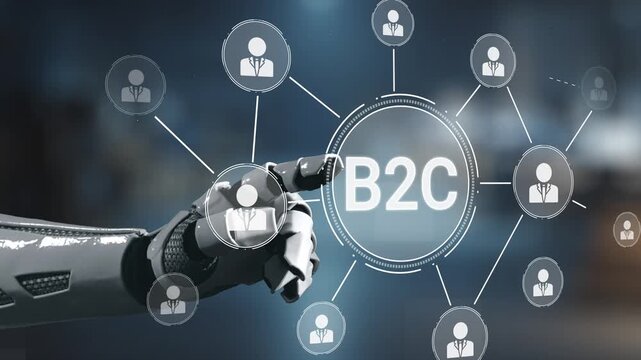 A high-tech robotic hand interacts with a network of user icons representing a B2C concept, showcasing the fusion of technology and marketing in a digital world. Salient