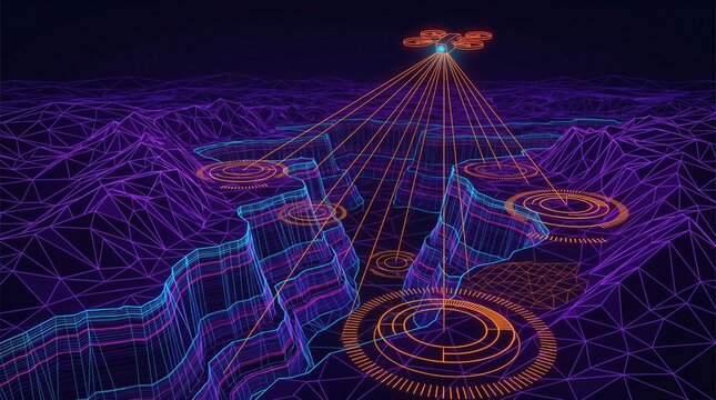 Panoramic distant aerial interface displaying massive polygonal mountain pass wireframe elevation mesh with horizontal stratified cliff bands and autonomous quadcopter drone laser telemetry