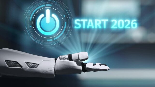 A sleek robot arm illustrates the future of technology with a power button icon, conveying innovation and progress for the year 2026 in a modern, digital environment. Salient