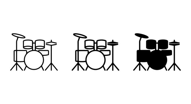 Drum Kit Icons, Music Performance Symbols, Percussion Instrument Graphics, Rock Band Equipment Vector Set