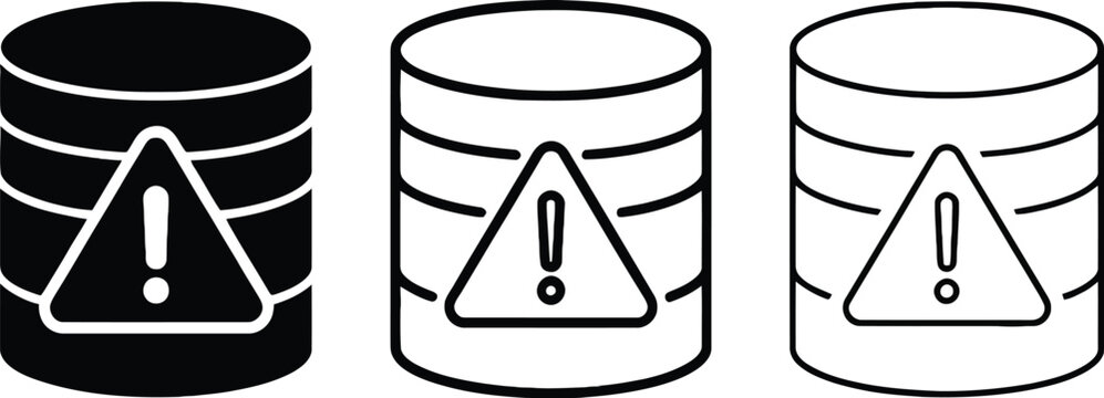 Database Error Warning Icons, server storage symbols with alert signs for data security, system failures, software errors, and IT infrastructure