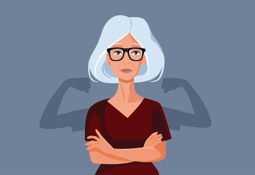 Confident Strong Senior Woman  With Muscular Flexing Shadow. Elderly lady with glasses standing arms crossed while her shadow shows strong biceps 