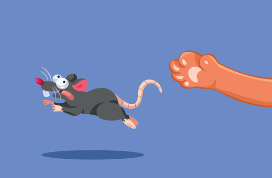 Scared Cartoon Mouse Running Away From Big Cat Paw Attack. Frightened black rat escapes in panic while a feline tries to catch it 
