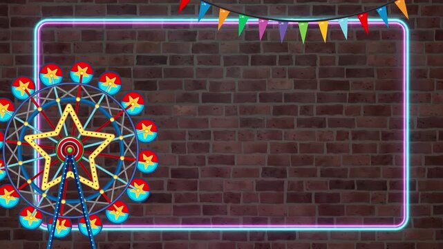 Neon Ferris Wheel and Glowing Sign Frame on Brick Wall Loop